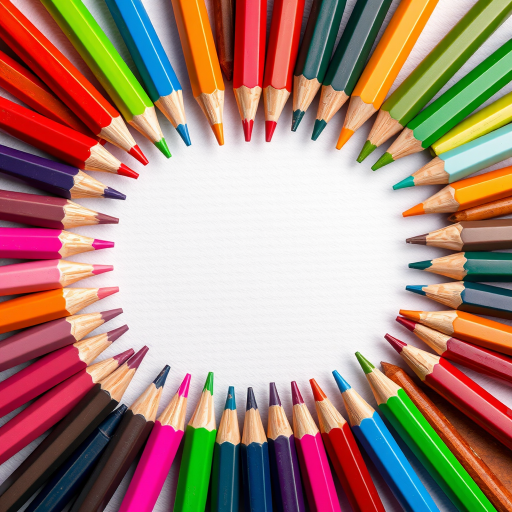 Colorful circular arrangement of sharpened colored pencils around a blank textured surface, high resolution, f/8, ISO 100, 50mm lens, top-down view, studio lighting, digital photography.