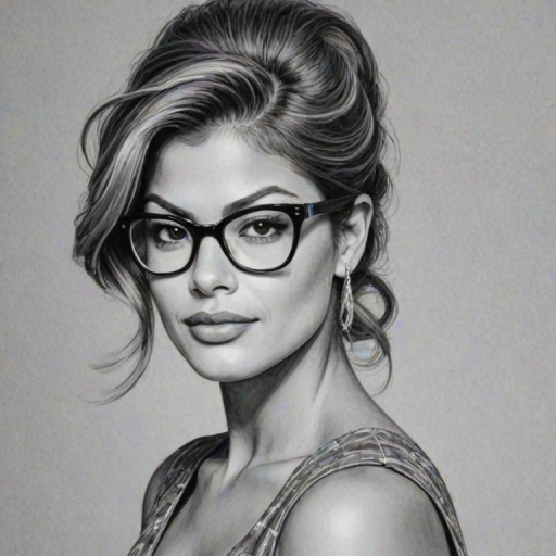 Splendid Eva Mendes, pencil sketch, portrait of Ravishing woman 1950s in glasses, hair style beatnik, outline, clear lines, fine lines, 8k