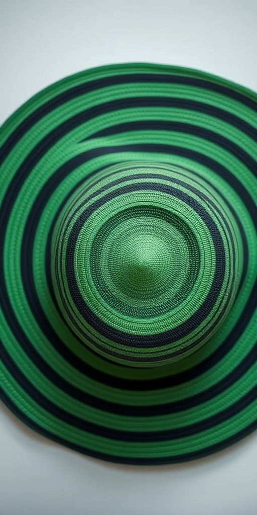 Regenerate a high-quality image of a wide-brimmed striped hat with a green and black color scheme, using a DSLR camera, aperture f/2.8, shutter speed 1/200s, ISO 100, top view, studio lighting, and a soft focus background.
