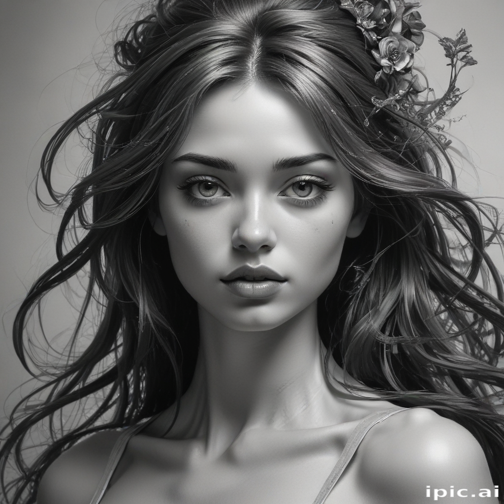 A Portrait of a Young Woman with Flowing Hair and Floral Accents.
