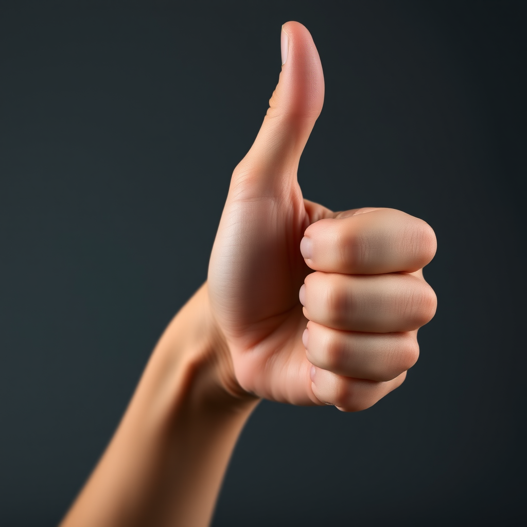 Close-up of a human hand giving a thumbs up on a neutral dark background, 50mm lens, f/2.8 aperture, ISO 100, shallow depth of field, soft lighting, DSLR camera.