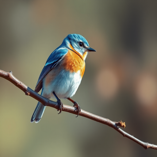 Create a highly detailed illustration of a bluebird perched on a branch, using a macro lens with an aperture of f/2.8, ISO 100, shot in natural lighting from a side view, with vibrant colors and sharp focus to enhance image quality.