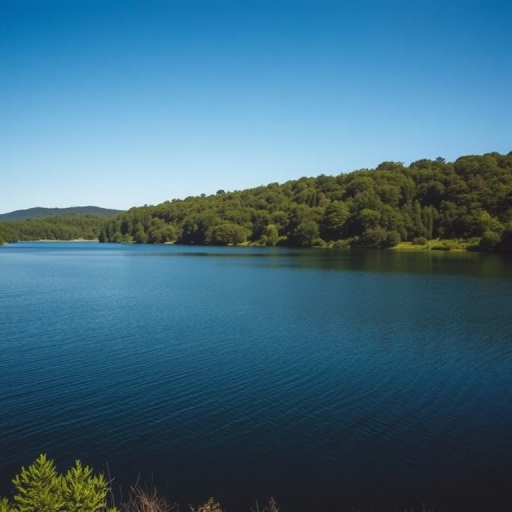 Generate a high-resolution image of a serene landscape featuring a tranquil lake surrounded by lush greenery under a clear blue sky, captured with a Canon EOS R5, 24mm f/1.4 lens, ISO 100, aperture f/8, shutter speed 1/200s, in a wide-angle view to enhance depth and detail.