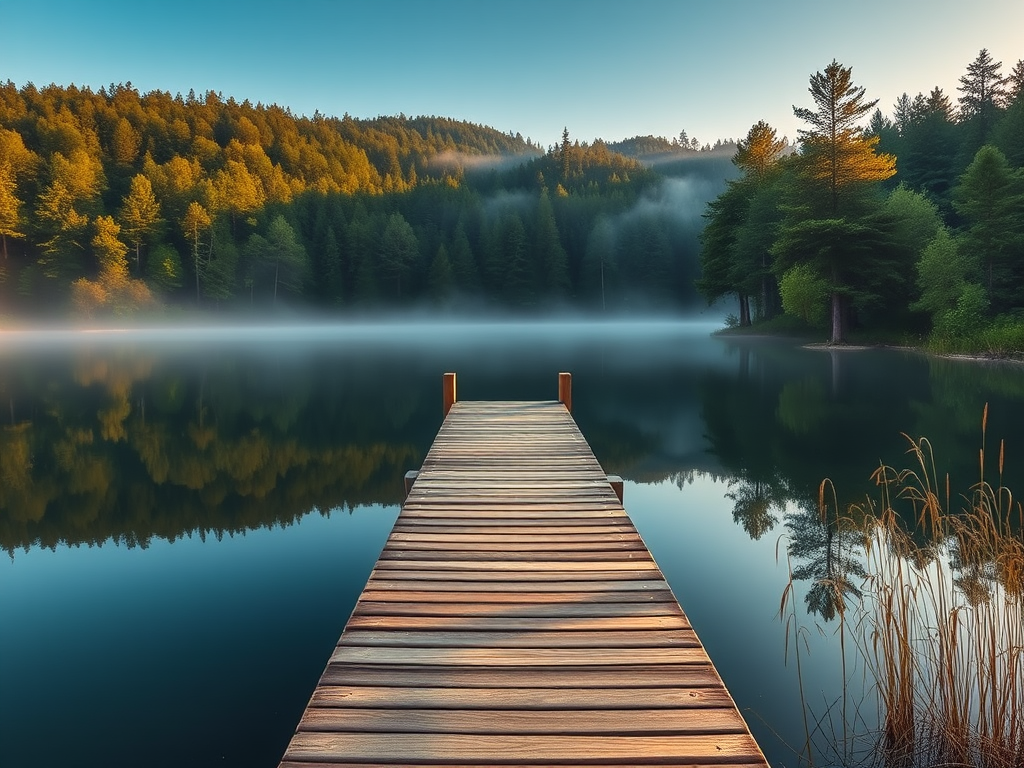 Create a serene landscape of a wooden dock extending into a calm lake surrounded by lush trees with morning mist hovering above the water, use a Canon EOS R5 with a 24-70mm f/2.8 lens, aperture set to f/8, shutter speed at 1/125 sec, ISO 100, in soft morning light with a slight golden hue, capturing the beauty in a vibrant, high-definition style.