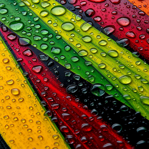 High-resolution close-up of colorful textured surfaces with raindrops, vibrant green, yellow, red, and black colors arranged in an abstract pattern, taken with a Canon EOS 5D Mark IV, 50mm f/1.8 lens, f/4 aperture, ISO 200, and 1/200 sec shutter speed, with soft natural lighting to enhance details and clarity.