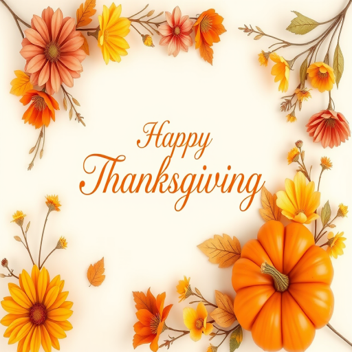 Create a festive Thanksgiving greeting card featuring soft pastel colors with decorative autumn flowers and pumpkins arranged around the edges the text Happy Thanksgiving in elegant script centered in the middle and a light cream background to enhance the seasonal theme.