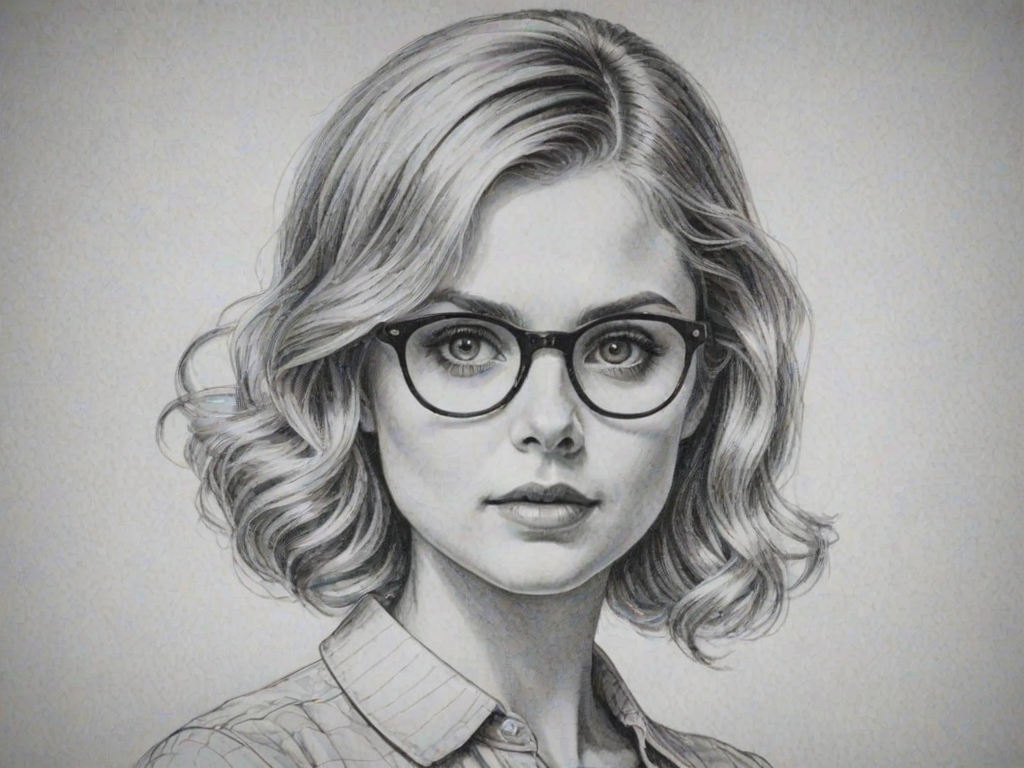 Dazzling Rose McIver, pencil sketch, portrait of Ravishing woman 1927s in glasses, hair style beatnik, outline, clear lines, fine lines, 8k