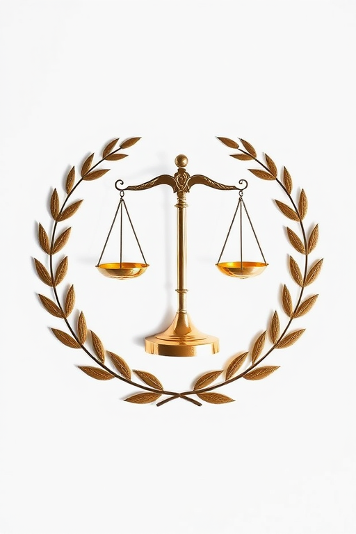 regenerate an image of a legal symbol featuring balanced scales surrounded by a laurel wreath on a white background, shot with a DSLR camera at f/2.8 aperture, ISO 100, 24mm focal length, with a bright, even lighting setup for enhanced clarity and detail, top-down view demonstrating a clean and professional aesthetic