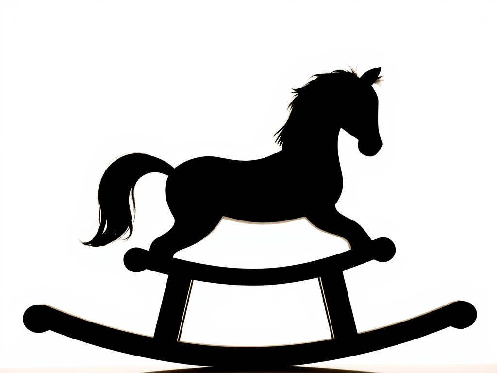Generate a playful silhouette of a rocking horse, captured with a Canon EOS R5, 50mm lens, aperture f/2.8, ISO 100, shot from a low angle to emphasize height and detail, using a clean white background for clarity.