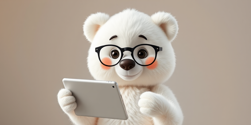 create a cute animated character of a fluffy white bear wearing glasses and holding a tablet, high-resolution, focus on vibrant colors, depth of field, shot with a digital camera, f/2.8 aperture, ISO 100, 50mm lens, studio lighting setup, soft shadows, neutral background