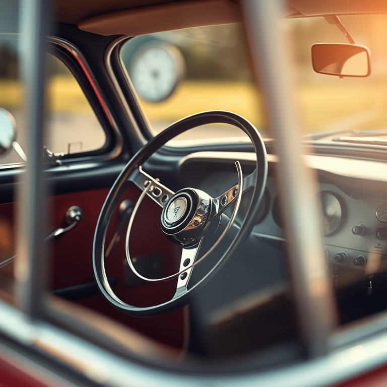 Capture a detailed close-up of a vintage car interior focusing on the steering wheel and dashboard, with shallow depth of field, using a Canon EOS R5, 50mm lens at f/1.8, ISO 100, shot in natural light to enhance textures and reflections.