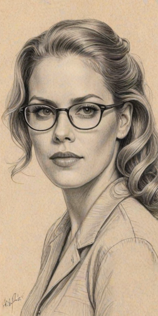 Alluring Mary McCormack, pencil sketch, portrait of Exquisite woman 1941s in glasses, hair style beatnik, outline, clear lines, fine lines, 8k