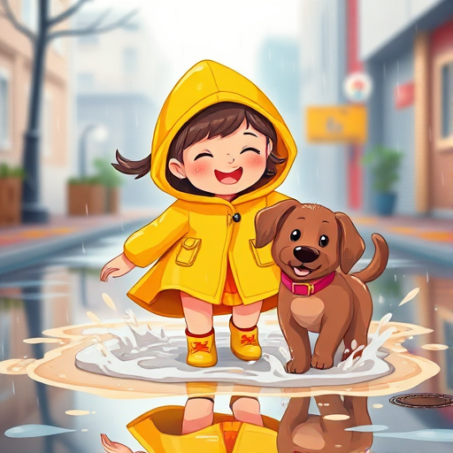 Create a vibrant illustration of a girl in a yellow raincoat joyfully splashing in puddles with her brown dog on a rainy day, captured with a Canon EOS R5 at f/4.0, 1/250s, ISO 100, 24mm lens, bright colors and clear details, in a playful cartoon style.