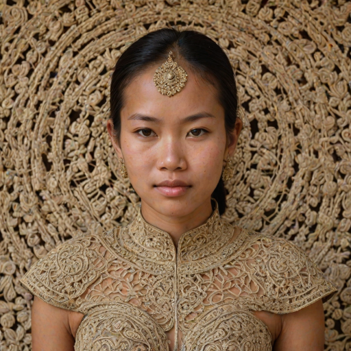 Face, shoulders, chest covered in openwork Cambodian embroidery. Raw, unedited image.