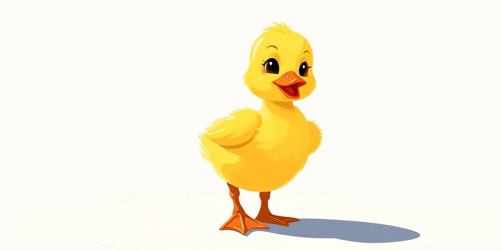 Create a vibrant illustration of a cute yellow duckling standing on one leg with a playful expression, using a digital art style to enhance the colors and details, shot with a Canon EOS R5 at f/2.8, 50mm lens, in bright daylight with soft shadows for a cheerful atmosphere.