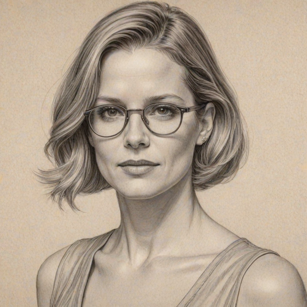 Resplendent Bridget Fonda, pencil sketch, portrait of Exquisite woman 1931s in glasses, hair style beatnik, outline, clear lines, fine lines, 8k