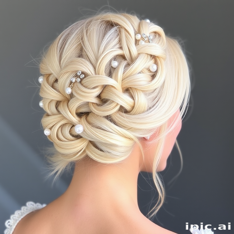 Ethereal Moonbeam Halo braid showcasing a crown of intricately woven platinum blonde hair, accented with shimmering pearl and crystal hair accessories
