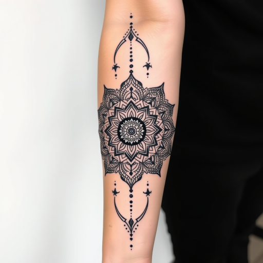 Intricate blackwork tattoo covering the entire arm, showcasing a detailed geometric mandala design with intricate patterns and symmetrical shapes, incorporating dotwork shading for added depth and dimension