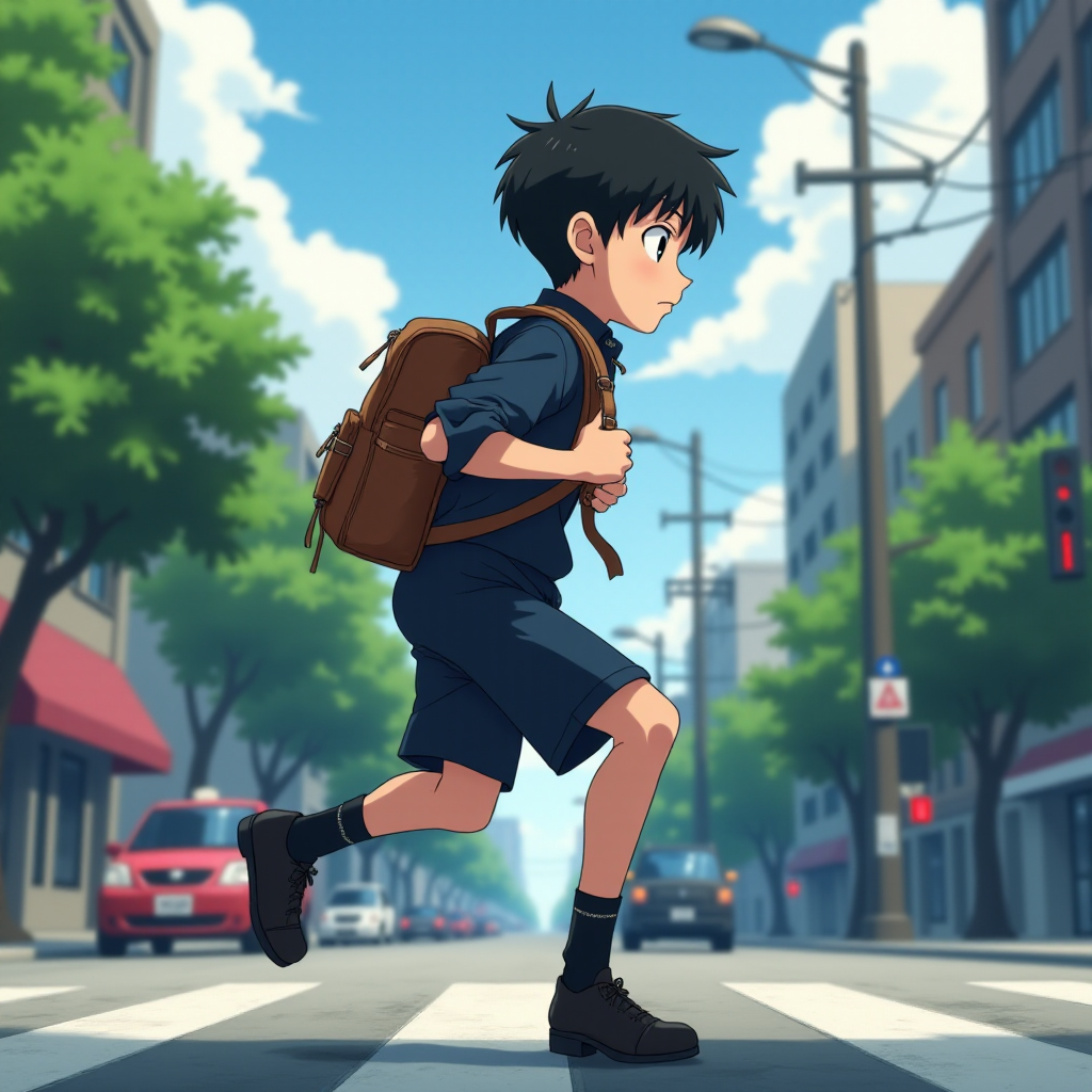 In the Japanese boondocks photorealistic anime, the camera focuses on strong muscular sideview of 9 year old boy his perfect face conveys powerful mighty passion, wearing black school dress-shoes, wearing dark blue matching school uniform. he runs lightly across wide busy city street. with stoplights in backdrop, The animation highlights the dynamic of the boy's clothes and hair blowing in the wind as he moves around, wearing leather backpack,