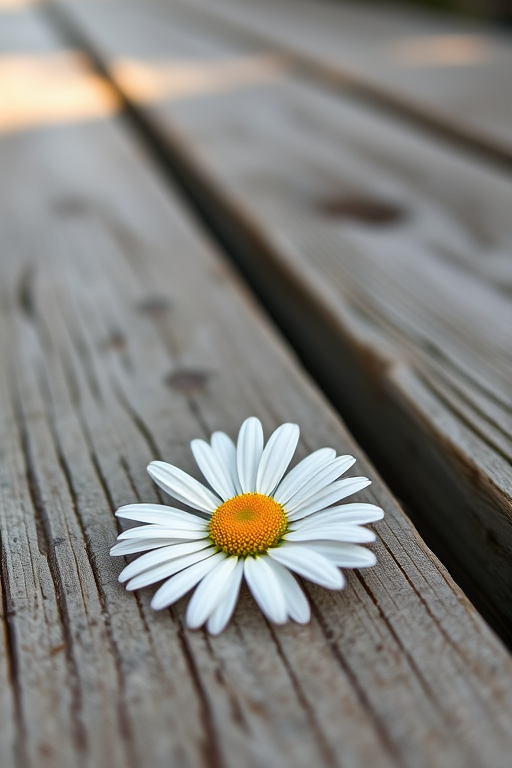 Close-up shot of a white daisy resting on weathered wooden planks, soft natural lighting, aperture f/2.8, shutter speed 1/100s, ISO 200, taken with a macro lens on a DSLR camera, shallow depth of field for a blurred background.