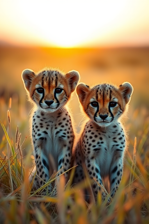 Two adorable cheetah cubs in a golden grass landscape at sunset, soft focus, 50mm lens, f/1.8 aperture, ISO 200, shallow depth of field, natural lighting, DSLR camera.