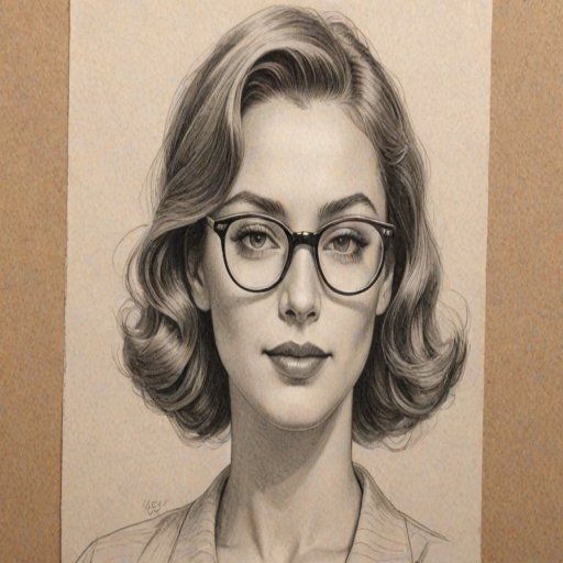 Bewitching Sabrina Sato, pencil sketch, portrait of Stunning woman 1937s in glasses, hair style beatnik, outline, clear lines, fine lines, 8k