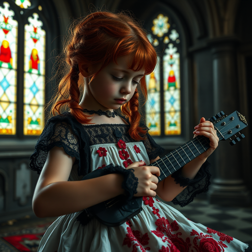 Close up realistic photo of a sad gothic little girl playing (instrument), red hair messy pigtails, black lace white dress with red detailed embroidery, abandoned gothic room with stained glass, closed eyes, horror cinematic lighting, dark fantasy, 4k, hdr,  uhd, detailed dress