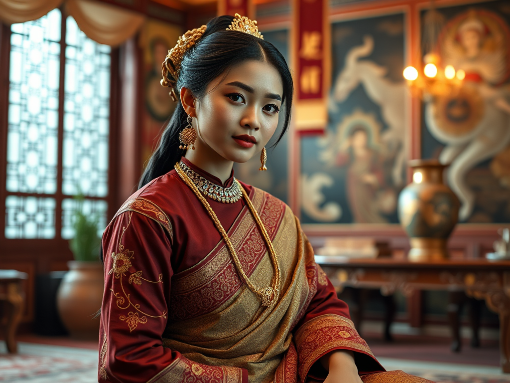 A beautiful Nepali woman in traditional East Asian attire, intricately detailed with embroidered patterns, sitting gracefully in a richly decorated room, soft ambient lighting, serene and elegant, ultra-realistic, 8K resolution