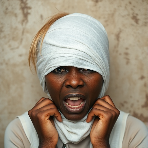 Create a close-up photographic image of a Oromo woman with light skin tones shown against an old, worn wall. Their head is wrapped in a white cloth covering (i.e.... parts of the head except the nose and mouth, which are open as if they are screaming...), with a slight texture and visible folds in the fabric. Thin strands of blonde hair escape from the wrapping above, falling lightly at the top and sides. Their hands hold the fabric as if they are tugging nervously. The lighting is dramatic and even, casting strong shadows. The image has a minimalist and surreal style with an emphasis on simplicity with soft color tones. The composition is centered.