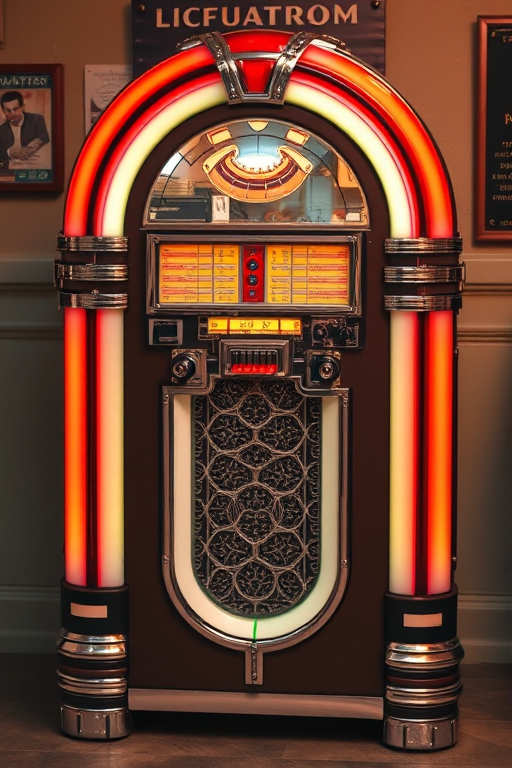 Regenerate the image of a vintage jukebox, using a Canon EOS R5 camera, with an aperture of f/4, ISO 100, and a shutter speed of 1/125s, in a front view and vibrant colors, simulating a digital art style to enhance image quality.