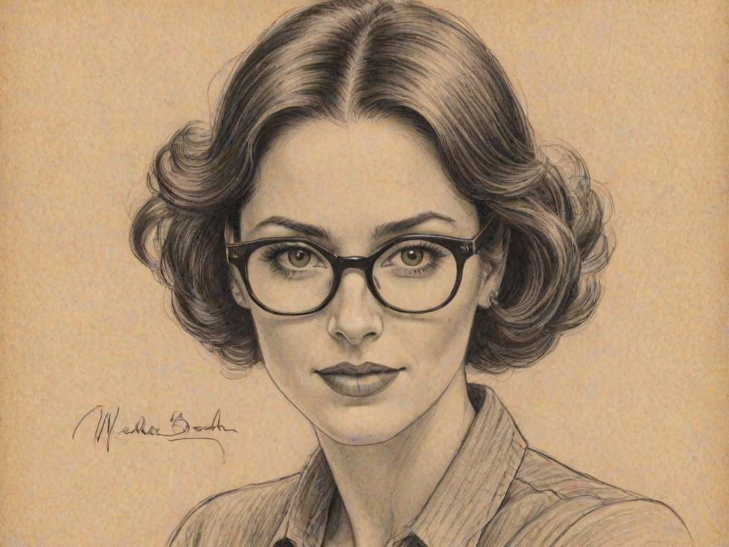 Enchanting Michelle Borth, pencil sketch, portrait of Bewitching woman 1932s in glasses, hair style beatnik, outline, clear lines, fine lines, 8k