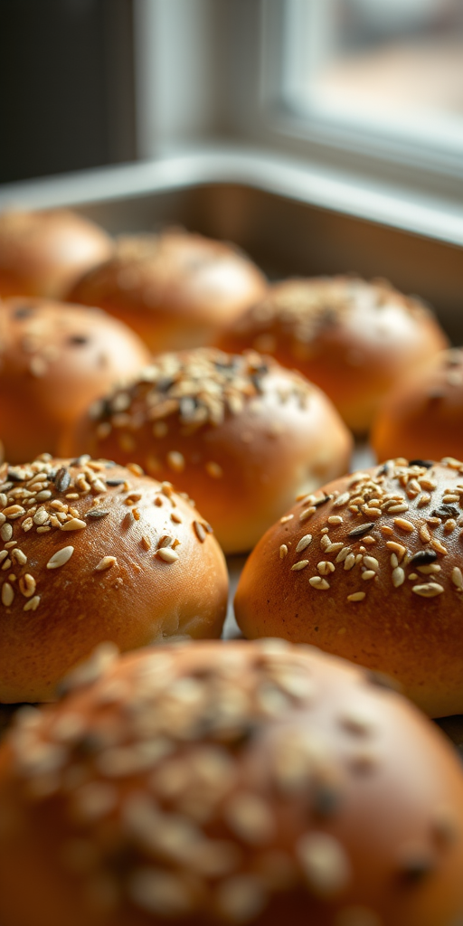 freshly baked rolls topped with seeds on a baking sheet, shallow depth of field, soft natural lighting, macro lens, f/2.8, ISO 200, 50mm lens, DSLR camera