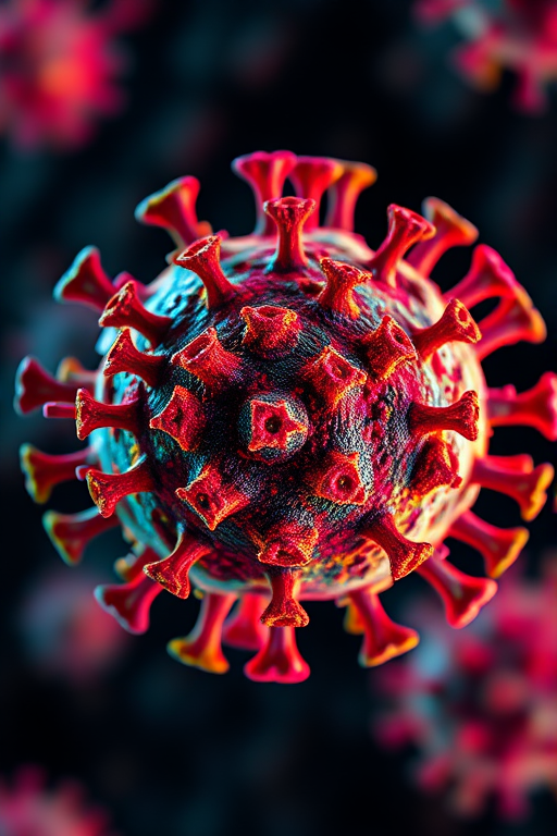 Create a hyper-realistic 3D rendering of a virus under a microscope with vibrant colors and intricate details, using a Canon EOS R5 camera, 50mm lens, f/1.8 aperture, ISO 100, and focus stacked for sharpness, soft lighting to enhance the textures against a dark background.