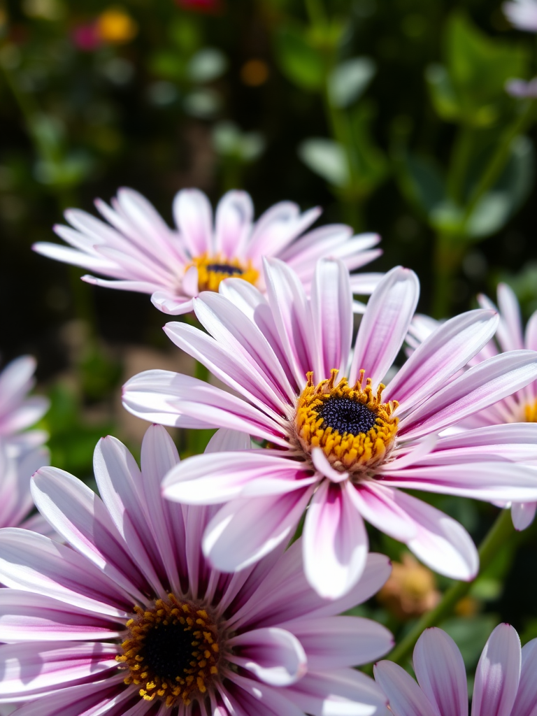 close-up of white and purple osteospermum flowers with intricate petals in a garden, sunlight, shallow depth of field, ISO 100, f/2.8, 1/200s, macro lens, DSLR
