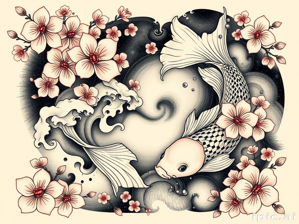Japanese-inspired "Koi Cascade" tattoo composition showcasing graceful koi fish swimming through swirling water and cherry blossoms with meticulous attention to detail and flowing organic forms