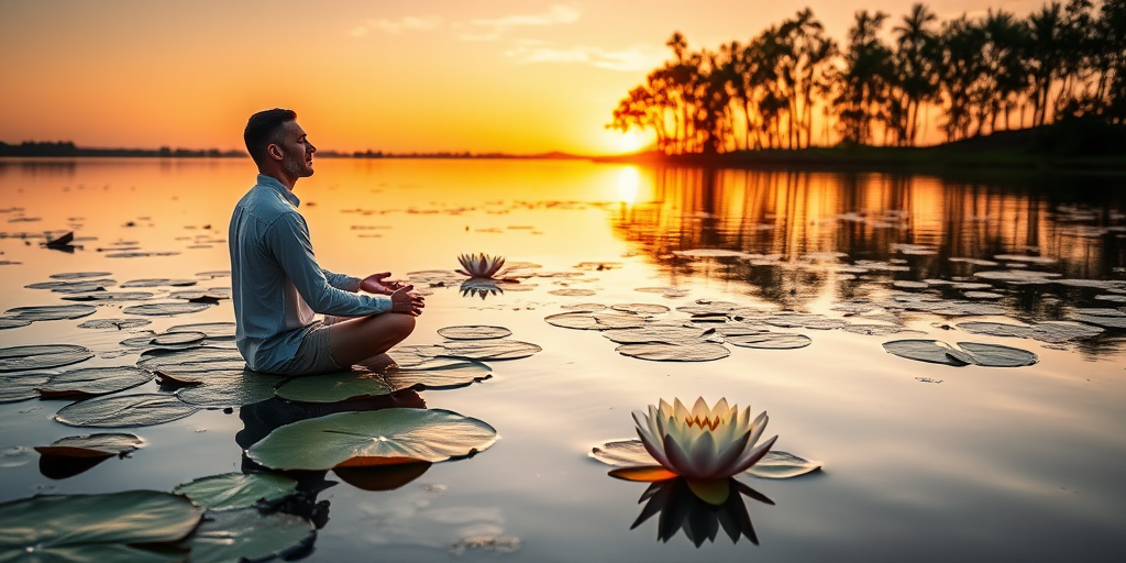 Create an image of a man meditating on a lily pad in a serene lake setting at sunset, using a 50mm lens, f/2.8 aperture, ISO 100, landscape orientation, and soft focus for a calming effect.