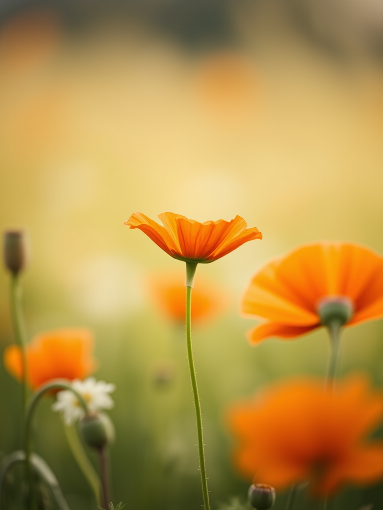 Close-up shot of a vibrant orange poppy flower in a soft-focus field, aperture f/2.8, shutter speed 1/200 sec, ISO 100, macro lens, natural light, taken with a DSLR camera.