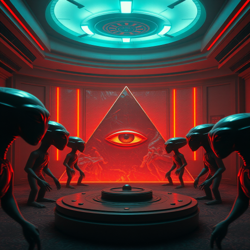 Create a high-resolution image of a group of aliens in a dimly lit, retro-futuristic room, with one large pyramid featuring an eye in the center, using a Canon EOS R5, 50mm lens, f/1.8 aperture, ISO 200, and a warm color palette to enhance details and depth.