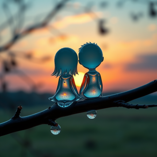 A high-quality conceptual HDR macro hyper-realistic photograph of a tree branch with a couple of transparent water drops in the shape of a female and a male chibi-style figure. The figures have a soft, wet, bubbly wet and bioluminescent texture. They are sitting on the branch and contemplating a beautiful sunset in the distance.