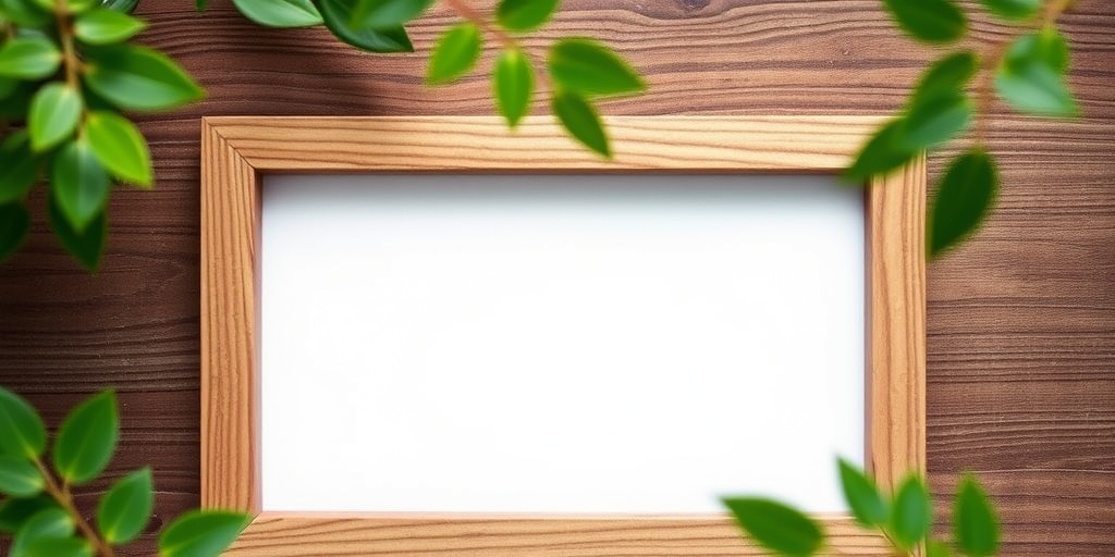 Create an image of a wooden photo frame with a blank center, use a 50mm lens, aperture f/2.8 for shallow depth of field, natural lighting, top-down view, DSLR camera for high resolution.