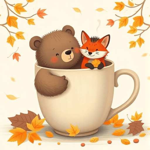 A cozy illustration of a bear, fox, and hedgehog playing in a large steaming mug, surrounded by autumn leaves, soft pastels, and a dreamy ambiance, captured with a Canon EOS R5, 50mm f/1.2 lens, aperture f/2.8, soft focus, bright colors, and a warm exposure.