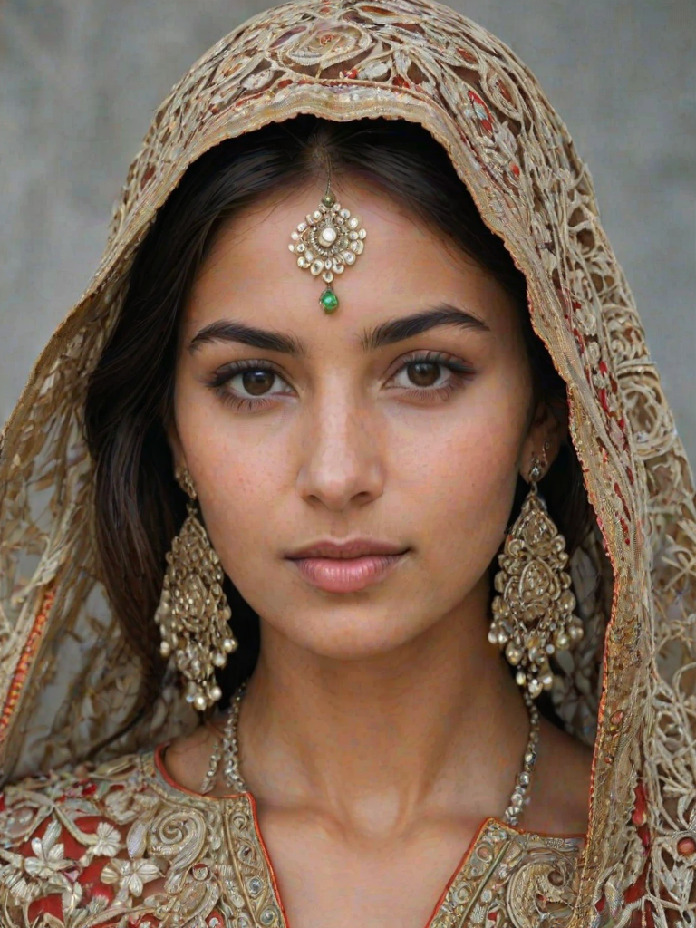 Face, shoulders, chest covered in openwork Pakistani embroidery. Raw, unedited image.