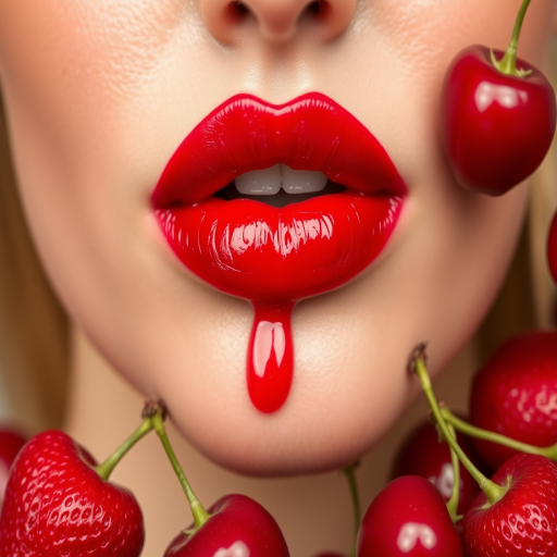 Sheer cherry red lip oil "Juicy Crush" with a glossy, wet-look finish and nourishing fruit extracts, perfect for a fresh-faced and youthful appearance, hydrating and plumping