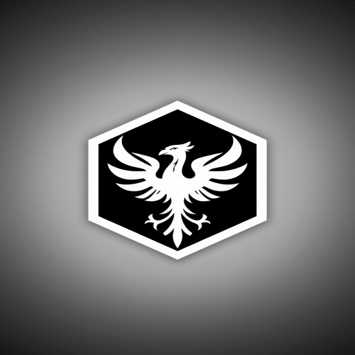 Generate a high-resolution image of a stylized white phoenix emblem within a hexagon, featuring a smooth gradient black and gray background, using a DSLR camera with an aperture of f/2.8, ISO 100, 50mm lens, capturing a clean, sharp focus with a slight vignette effect.