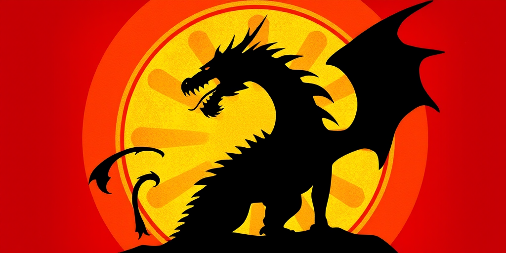 Create a high-resolution image of a fierce dragon silhouette against a gold circular background with a star pattern, using a DSLR camera, 50mm lens, f/2.8 aperture, 1/100s shutter speed, and vibrant colors for enhanced clarity and contrast.