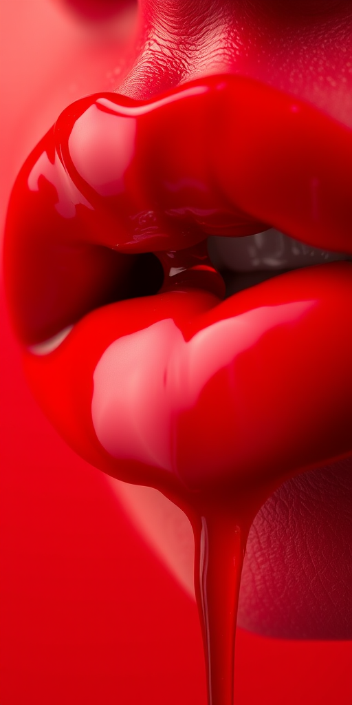 close-up of glossy red lips dripping with red liquid on a vibrant red background, 50mm lens, f/1.8 aperture, ISO 100, 1/200s shutter speed, shot in high dynamic range with a softbox lighting effect, macro photography style.