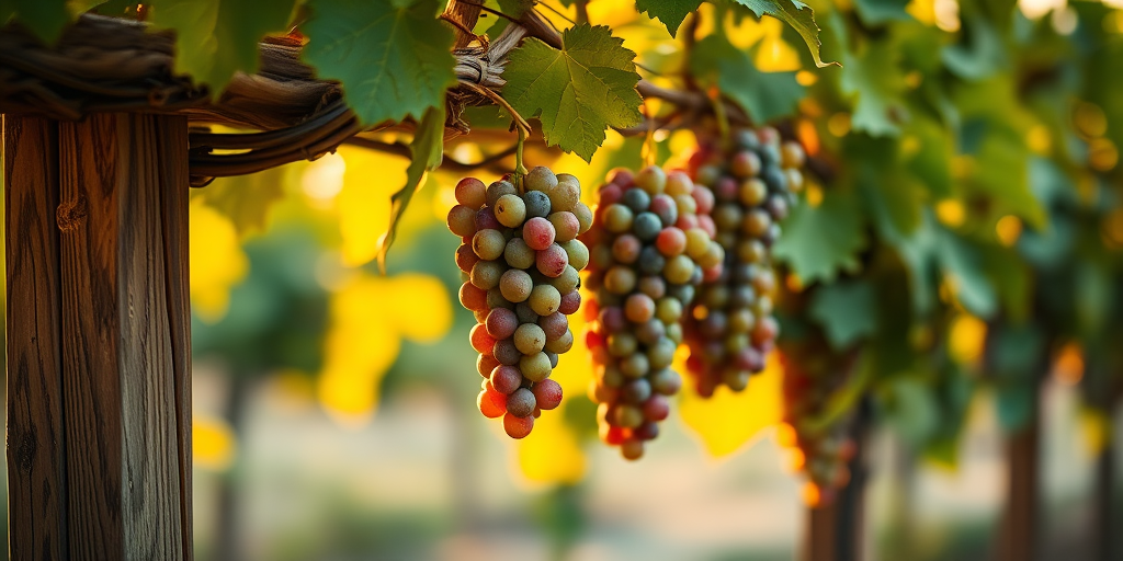 grapevine with clusters of ripe grapes hanging from wooden trellis, vivid green leaves, golden hour lighting, shallow depth of field, 50mm lens, f/1.8, ISO 100, DSLR camera, soft bokeh background