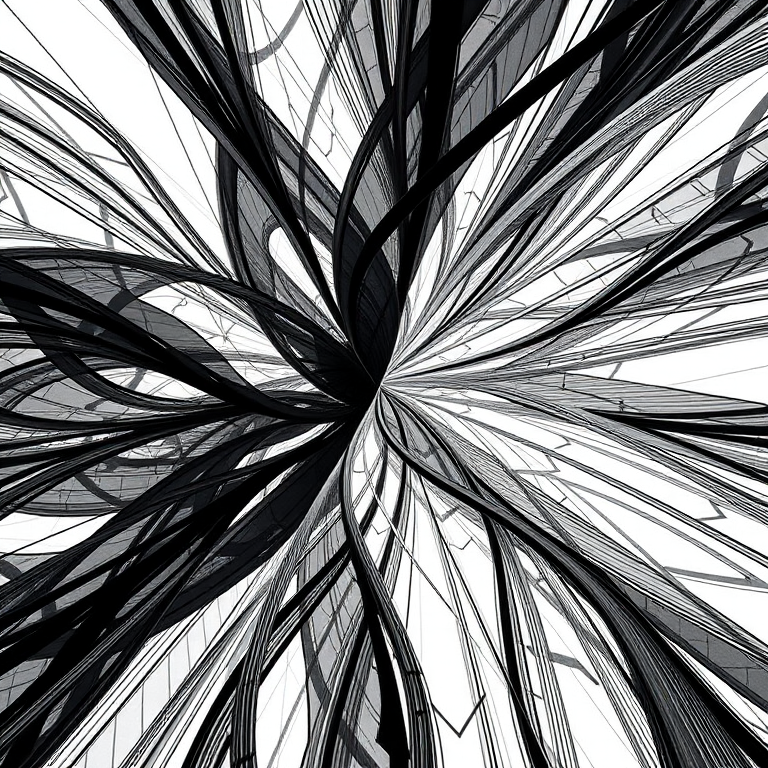 Regenerate a high-quality abstract black and white design with a modern aesthetic, using a Canon EOS R5, 50mm lens, f/1.8 aperture, ISO 100, and a top-down view capturing intricate patterns and textures.