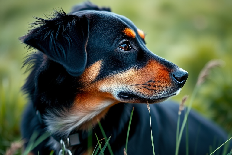 A close-up shot of a black and tan dog in profile, sitting in a grassy field with soft focus background, natural daylight, aperture f/2.8, shutter speed 1/250s, ISO 100, DSLR camera, shallow depth of field.