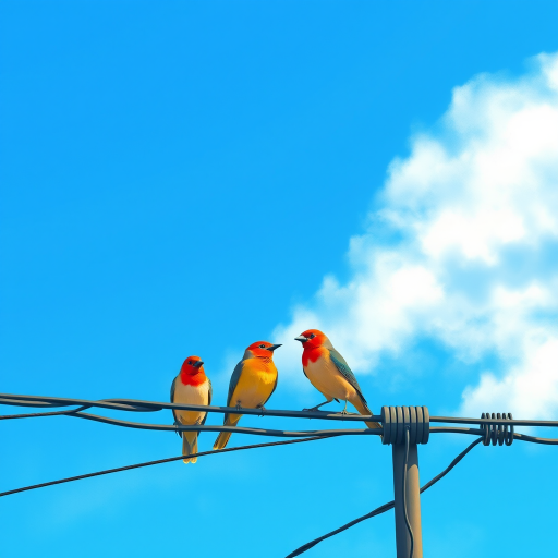 A vibrant illustration of four birds on power lines against a bright blue sky, incorporating a wide-angle lens to capture the scene with high saturation, f/8 aperture for sharp depth of field, ISO 100 for minimal noise, and a digital mirrorless camera for enhanced clarity and detail.